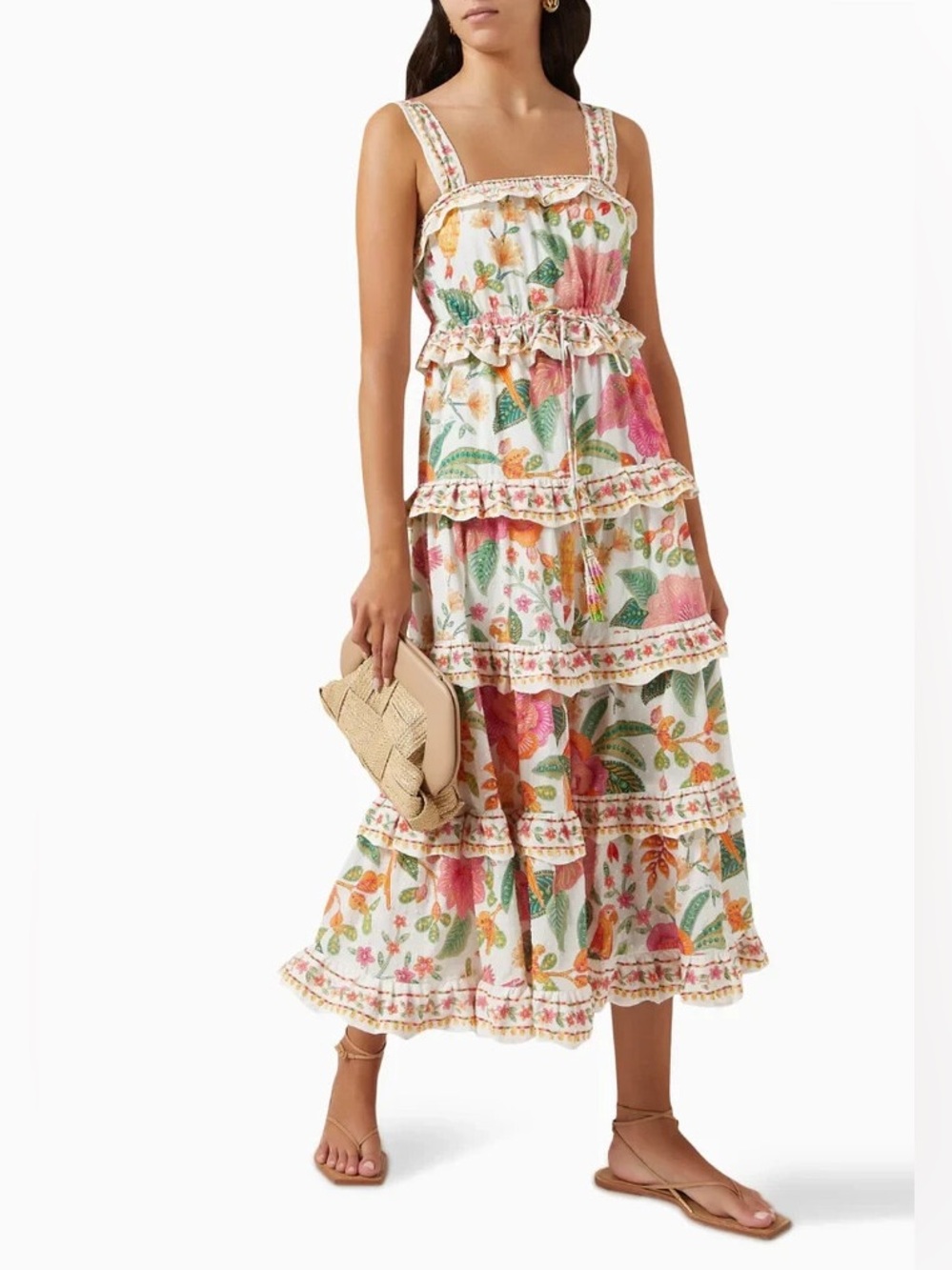 FARM RIO Multicolor White Textured Floral Ruffle Dress Macaw Bloom Midi Dress